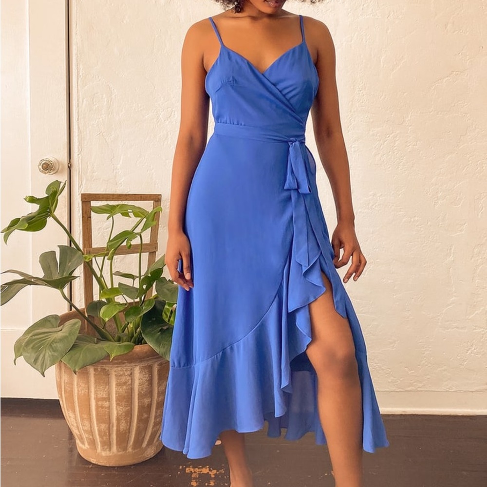 Lulus Manhattan Moment Blue Ruffled Midi Wrap Dress